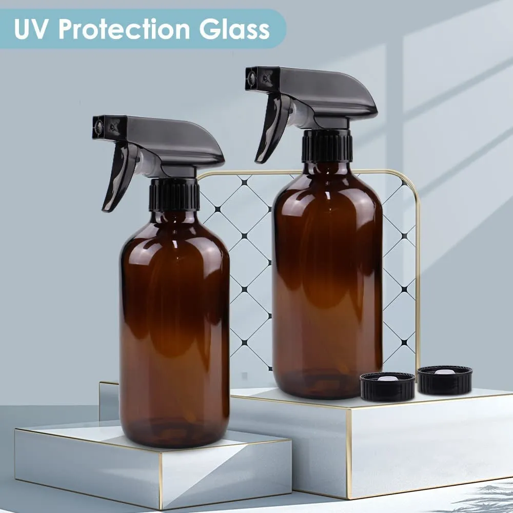 Glass Spray Bottle, Amber Glass Spray Bottle Set & Accessories for Non-Toxic Window Cleaners Aromatherapy Facial Hydration Watering Flowers Hair Care (2 Pack/16 Oz) (Amber)