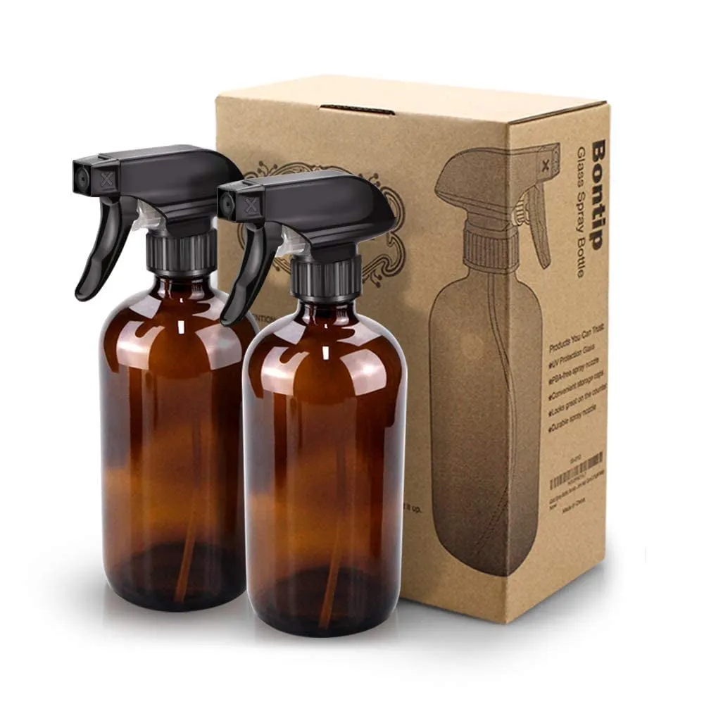 Glass Spray Bottle, Amber Glass Spray Bottle Set & Accessories for Non-Toxic Window Cleaners Aromatherapy Facial Hydration Watering Flowers Hair Care (2 Pack/16 Oz) (Amber)