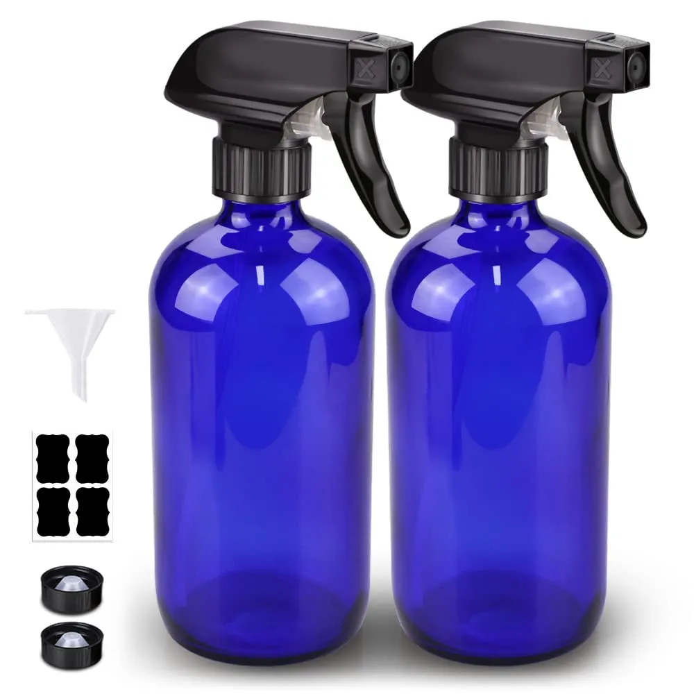 Glass Spray Bottle, Amber Glass Spray Bottle Set & Accessories for Non-Toxic Window Cleaners Aromatherapy Facial Hydration Watering Flowers Hair Care (2 Pack/16 Oz) (Amber)