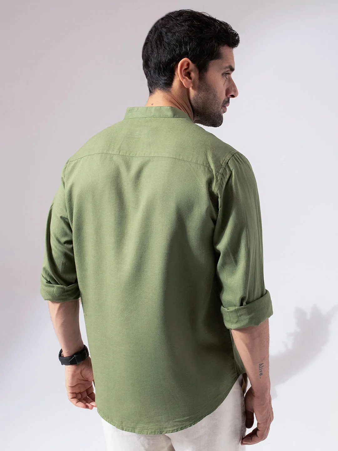 Green Band Collar Linen Blend Shirt