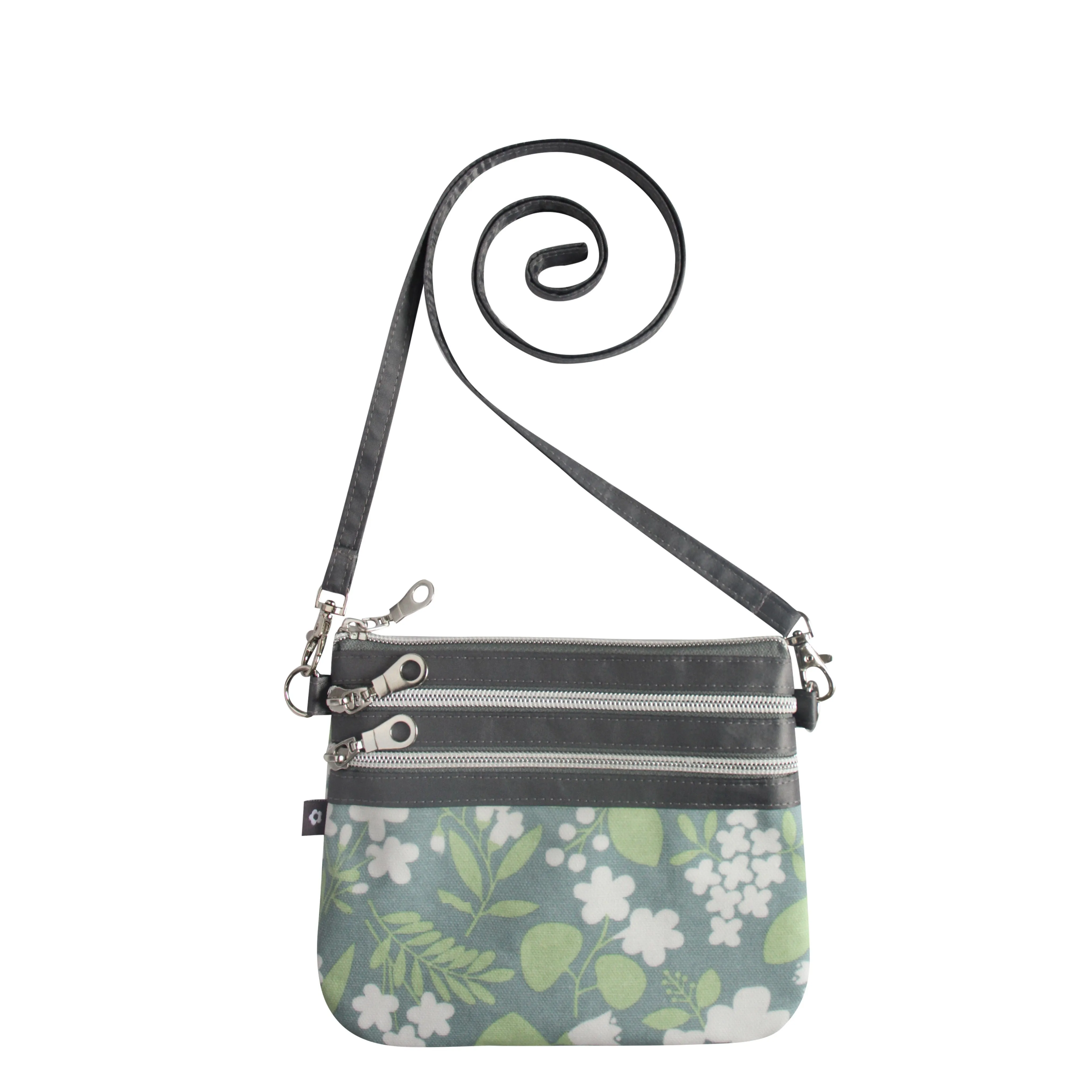 Green Floral Oil Cloth 3-Zip Pouch Crossbody Bag by Earth Squared