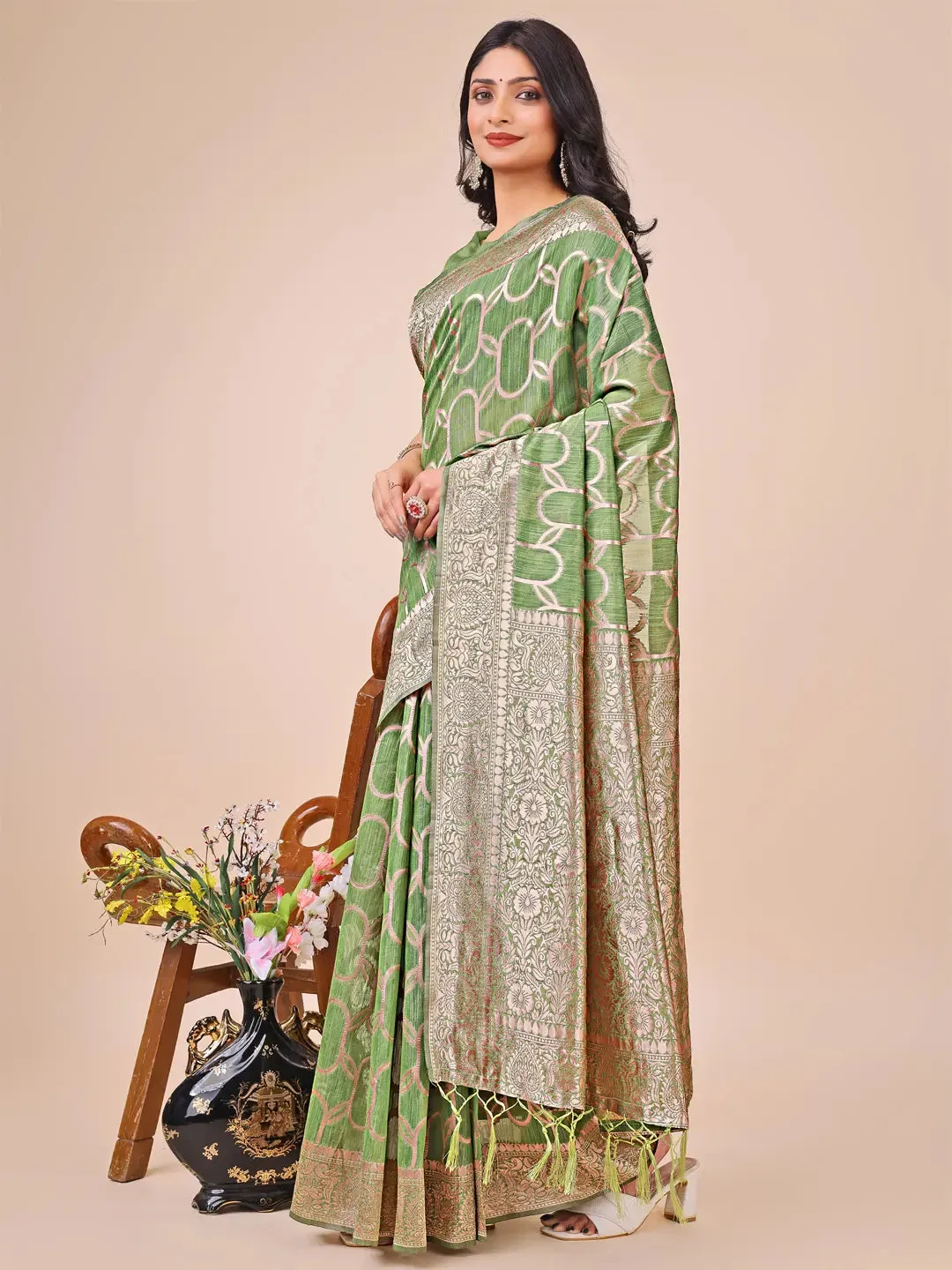 Green Linen Cotton Saree