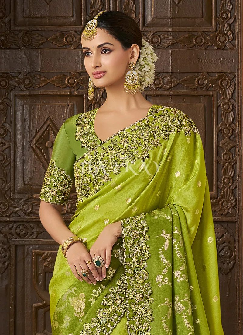 Green Ombré Multi Embroidery Tissue Silk Saree