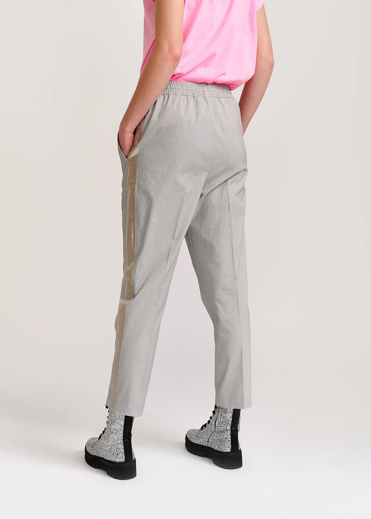 Grey and off-white checked cotton-blend pants