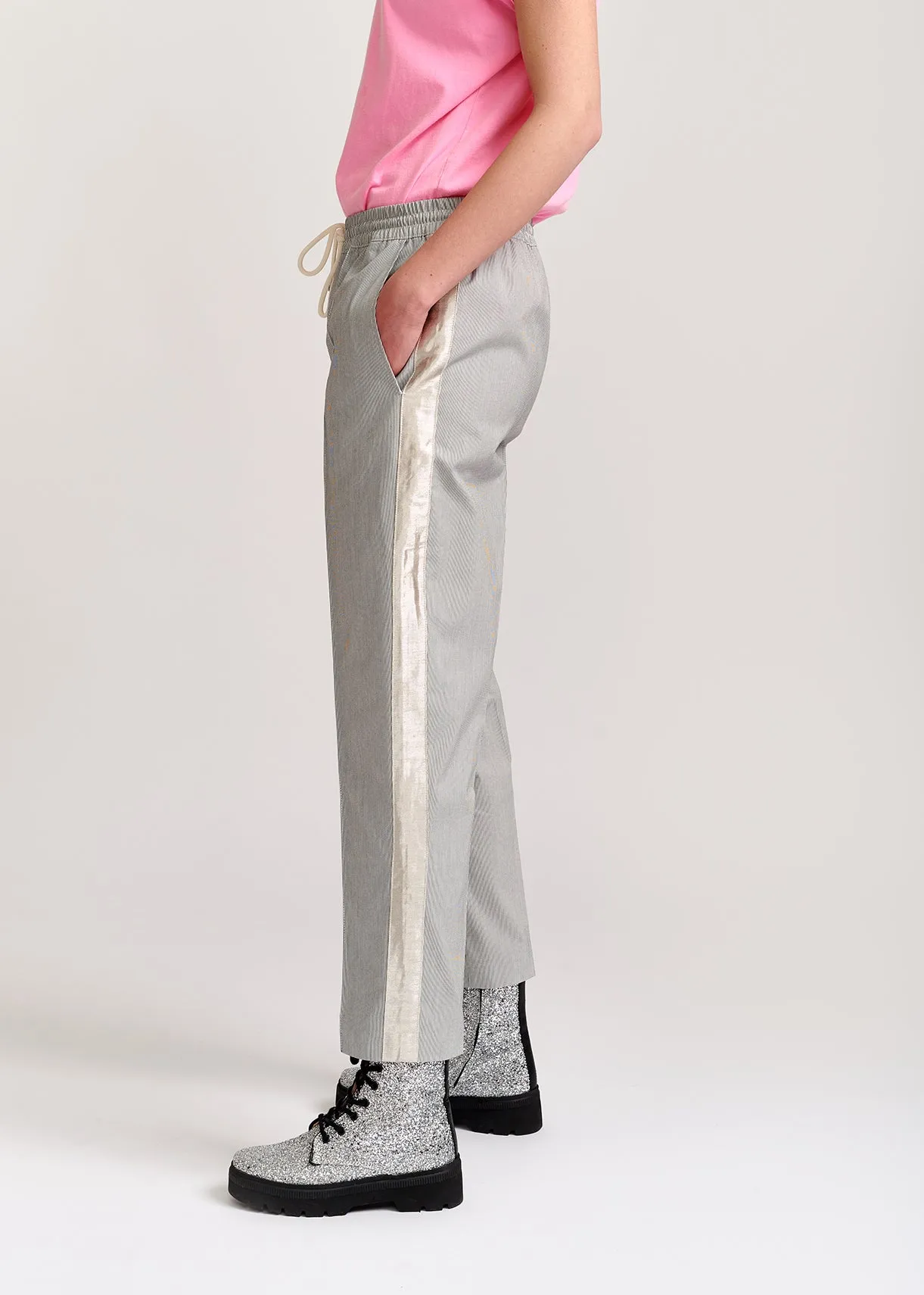 Grey and off-white checked cotton-blend pants