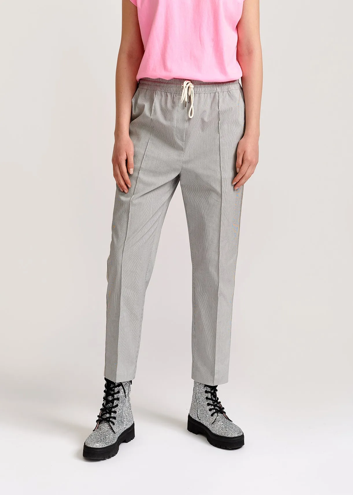 Grey and off-white checked cotton-blend pants