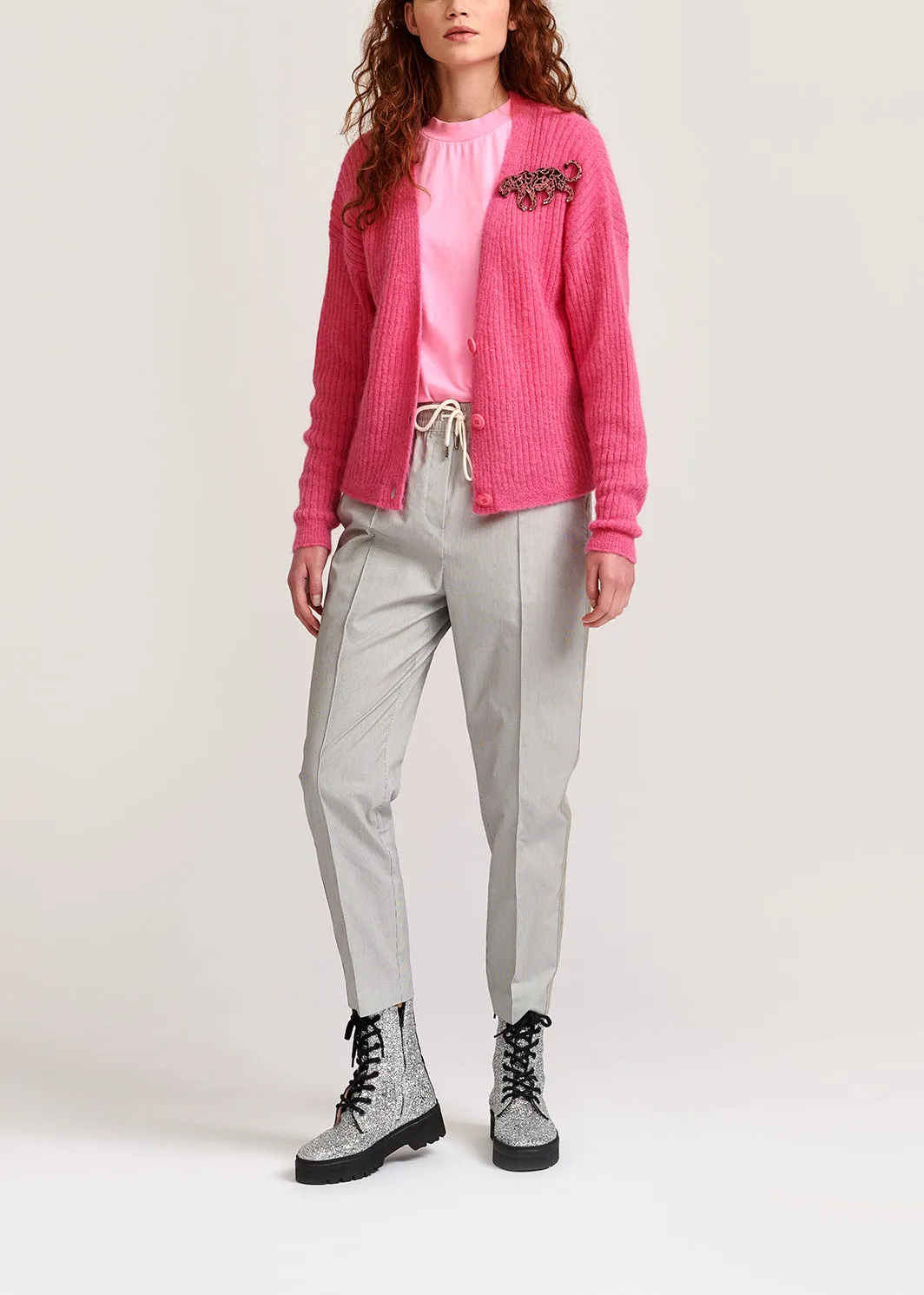 Grey and off-white checked cotton-blend pants