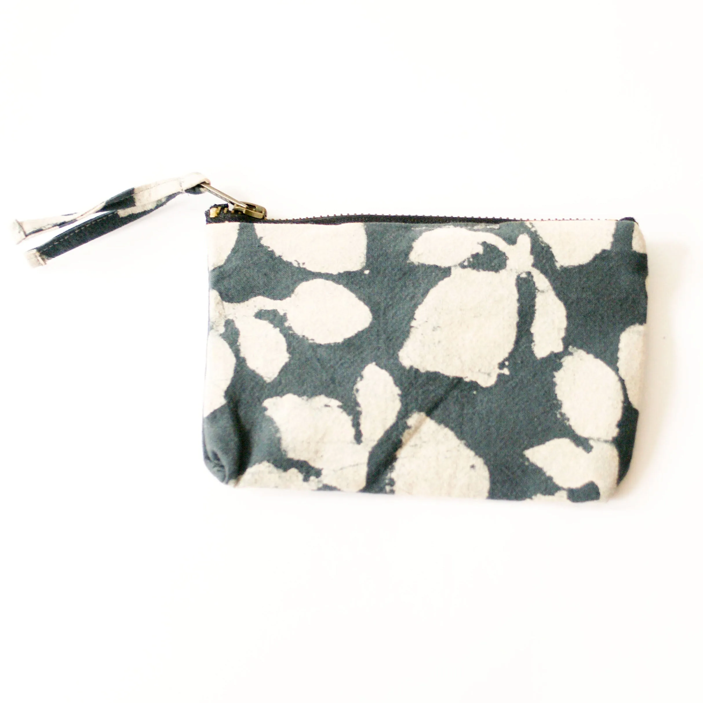 Grey Leaf Blockprinted Small Zipper Pouch