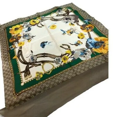 Gucci GG Silk Scarf with Yellow Flowers and Green Border