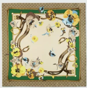 Gucci GG Silk Scarf with Yellow Flowers and Green Border