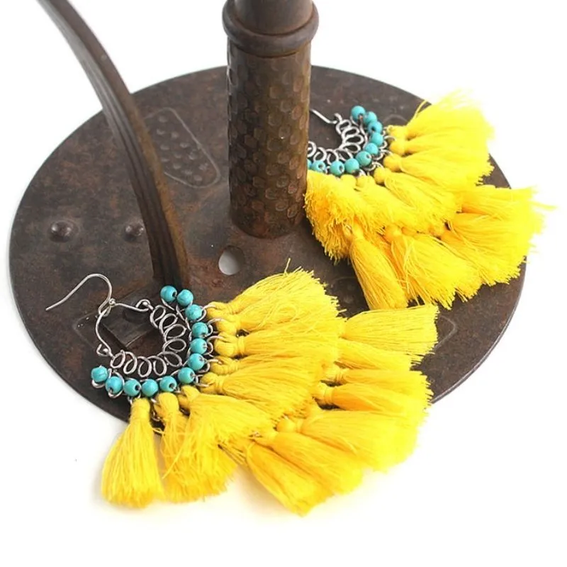 Hand-Beaded Cotton And Linen Tassel Earrings