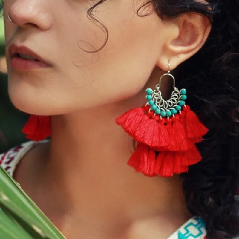 Hand-Beaded Cotton And Linen Tassel Earrings