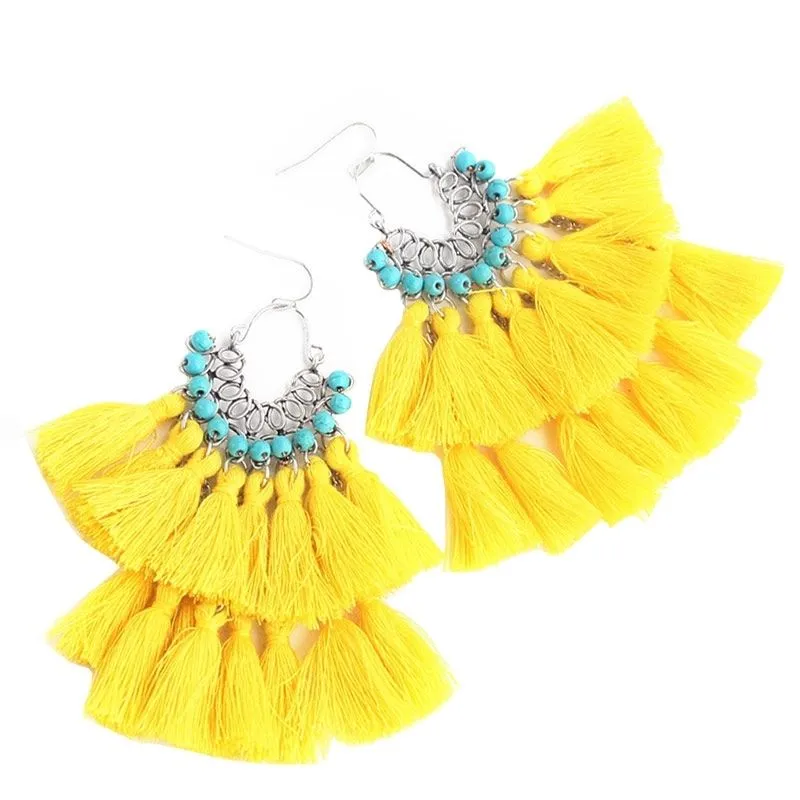 Hand-Beaded Cotton And Linen Tassel Earrings
