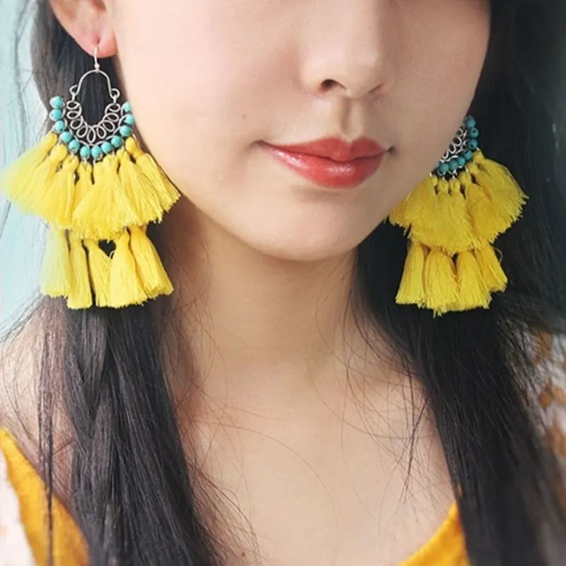 Hand-Beaded Cotton And Linen Tassel Earrings