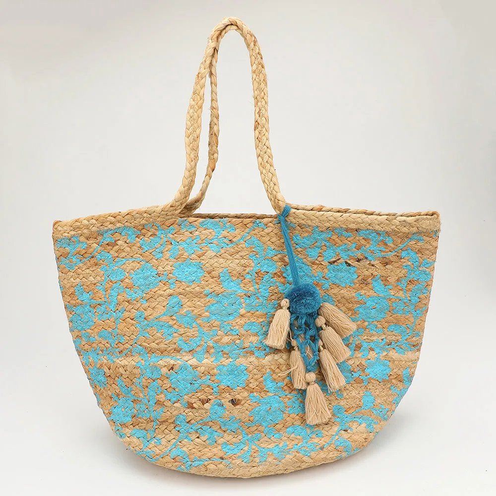 Handmade Splash Print Pom Multi Tassel Woven Straw Tote Bag