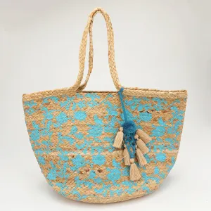 Handmade Splash Print Pom Multi Tassel Woven Straw Tote Bag