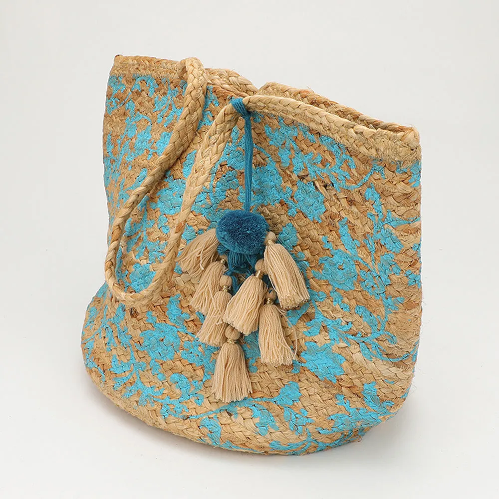 Handmade Splash Print Pom Multi Tassel Woven Straw Tote Bag