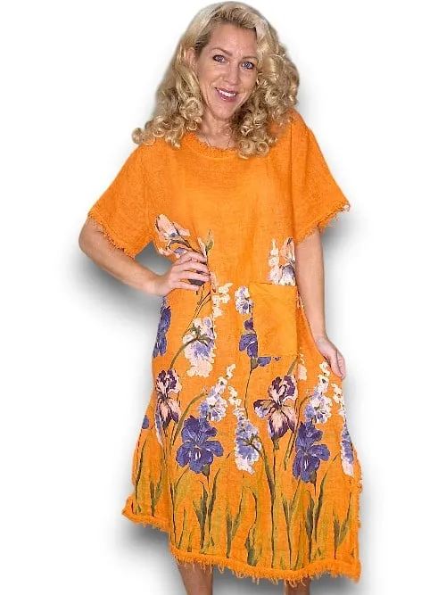HELGA MAY Straight Fray Dress w/Pocket ~ Orange