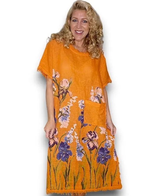 HELGA MAY Straight Fray Dress w/Pocket ~ Orange