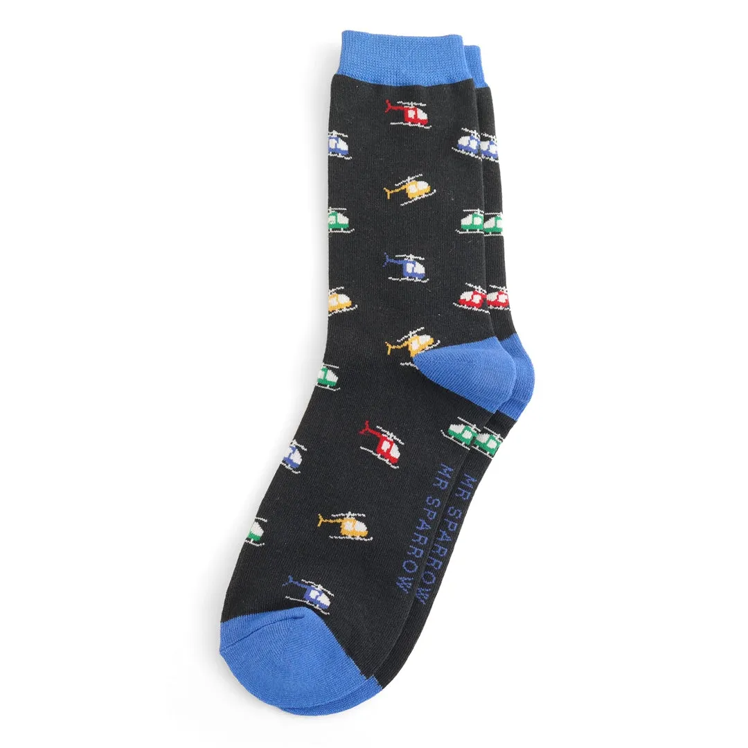 Helicopters Bamboo Socks in Black by Mr Sparrow, Size UK 7-11