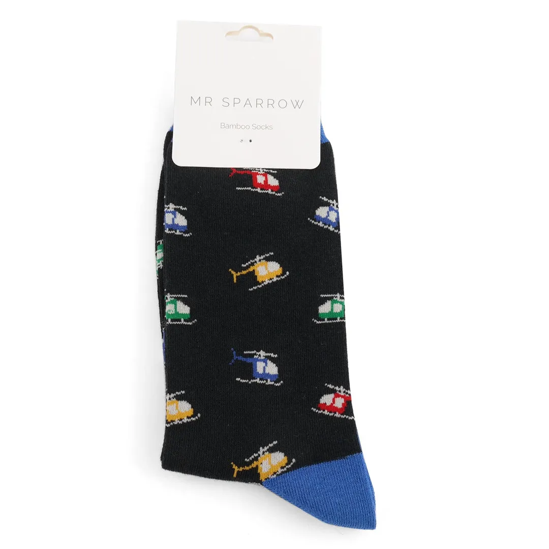 Helicopters Bamboo Socks in Black by Mr Sparrow, Size UK 7-11