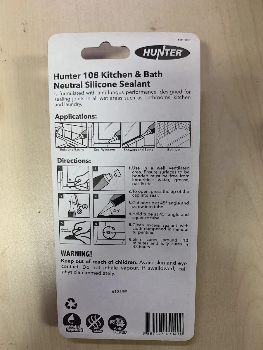 Hunter 108 Anti Fungus White Silicone Sealant for Kitchen and Bathroom Low Odour Anti Fungal Silicon