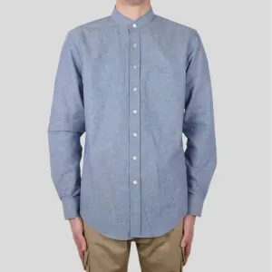 INDIGO LINEN BAND COLLAR L/S SHIRT