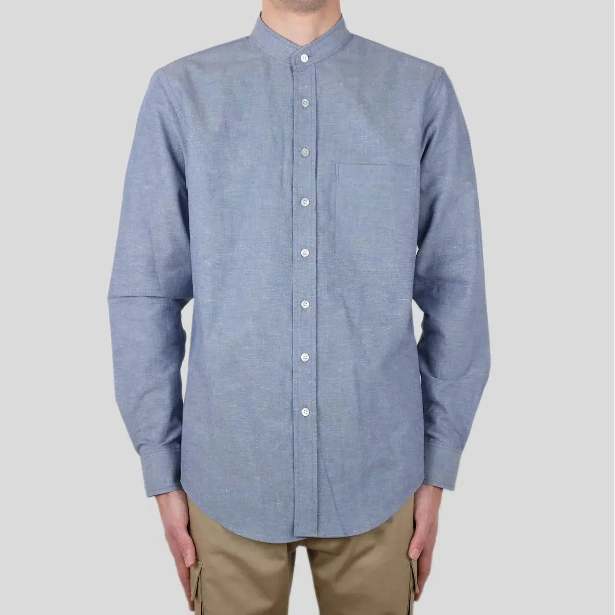 INDIGO LINEN BAND COLLAR L/S SHIRT