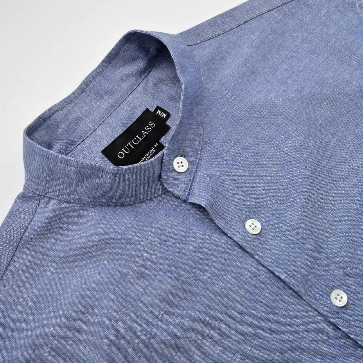INDIGO LINEN BAND COLLAR L/S SHIRT