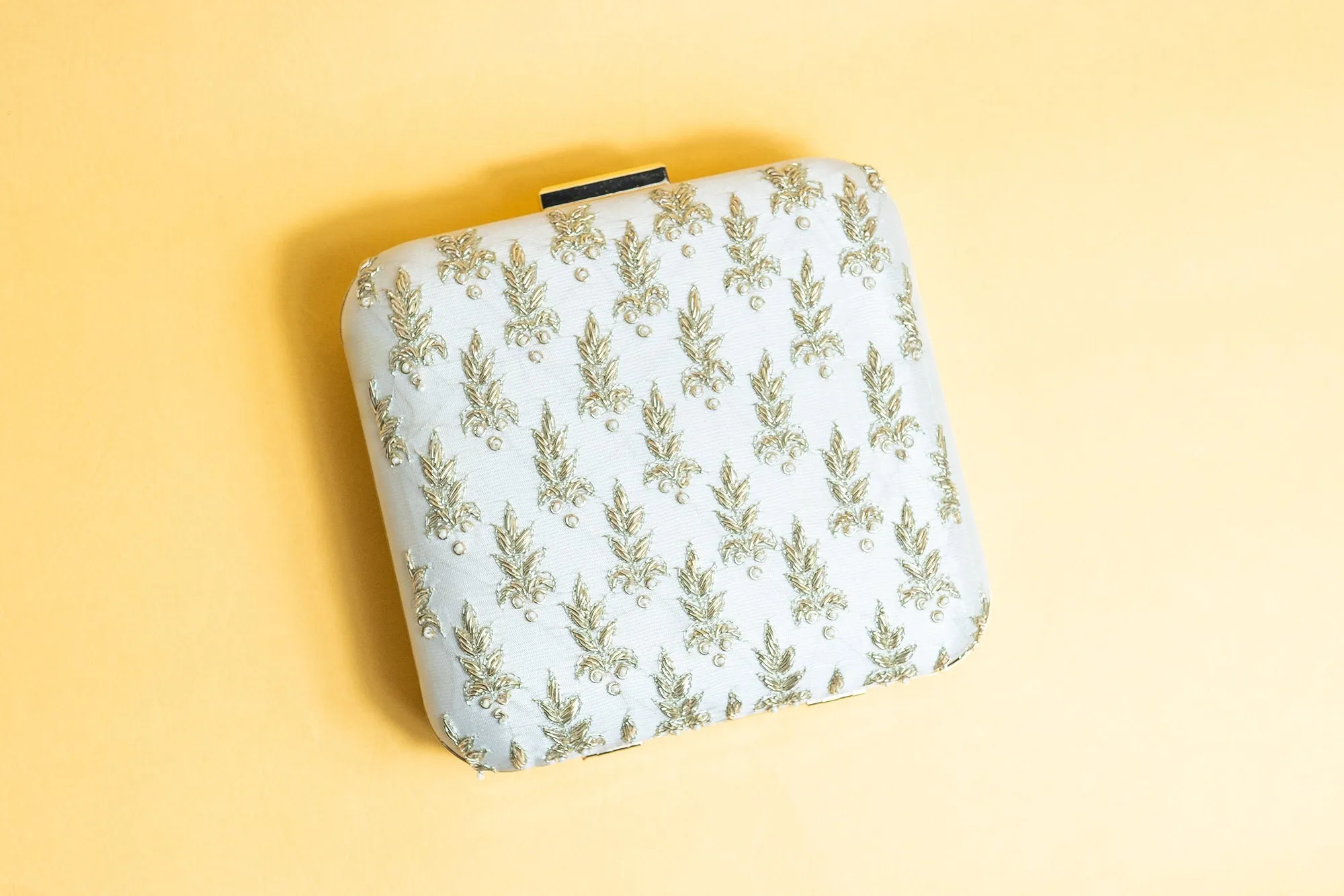 ivory and gold square hand made bead embroidery and pure silk clutch bag detachable sling