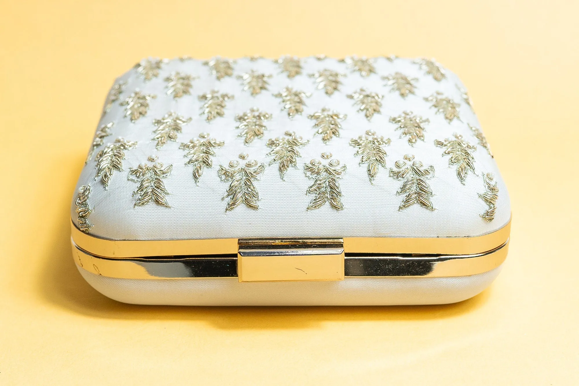 ivory and gold square hand made bead embroidery and pure silk clutch bag detachable sling