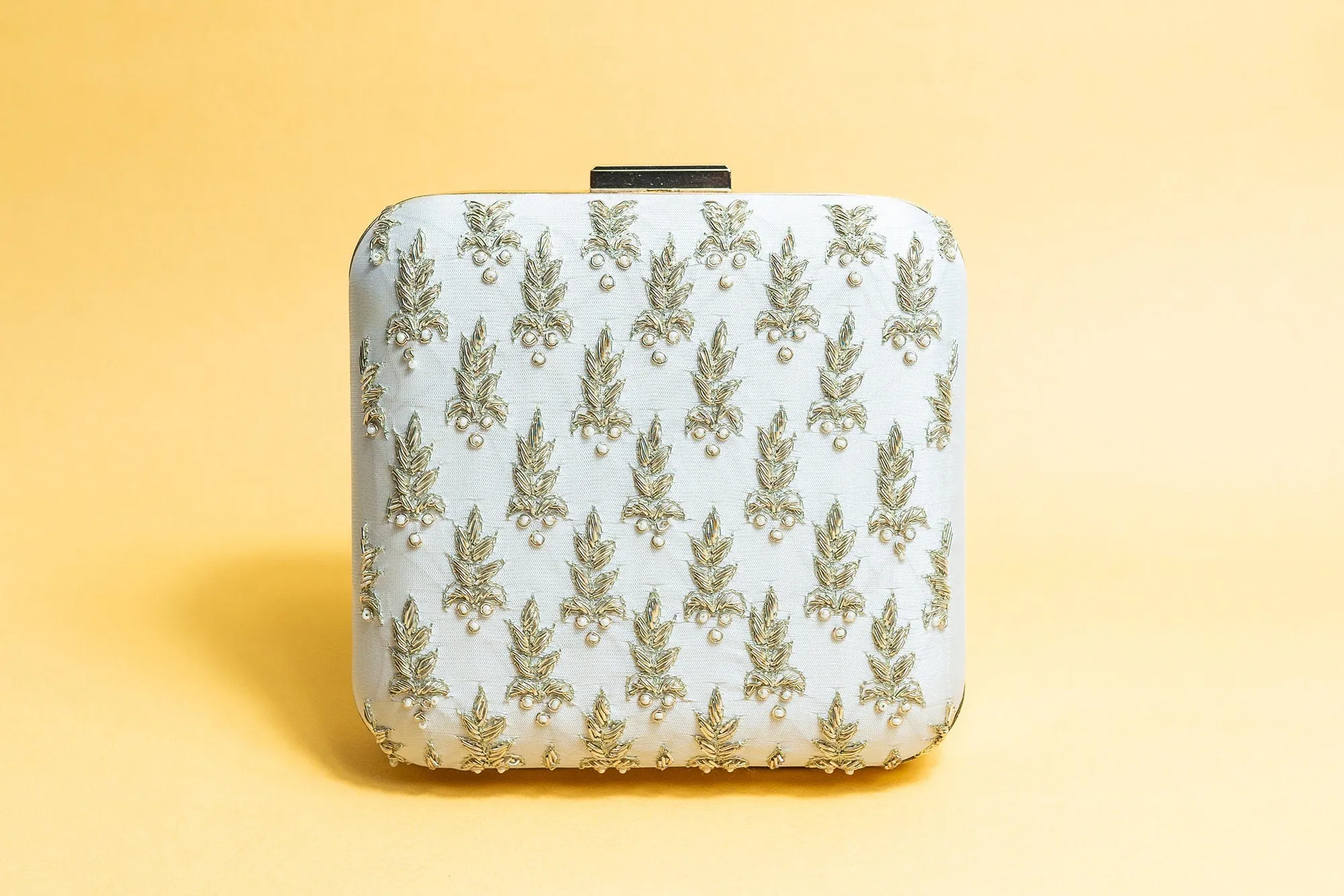 ivory and gold square hand made bead embroidery and pure silk clutch bag detachable sling