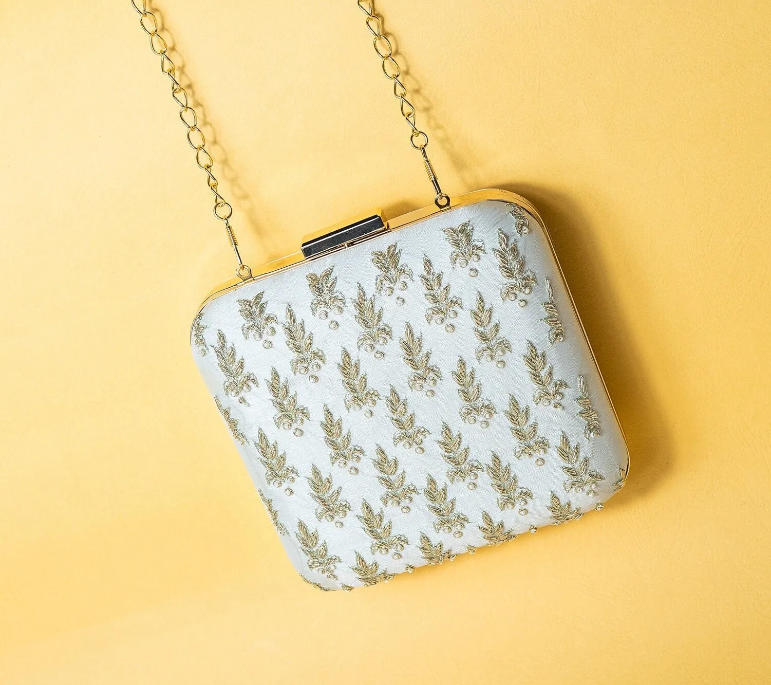 ivory and gold square hand made bead embroidery and pure silk clutch bag detachable sling