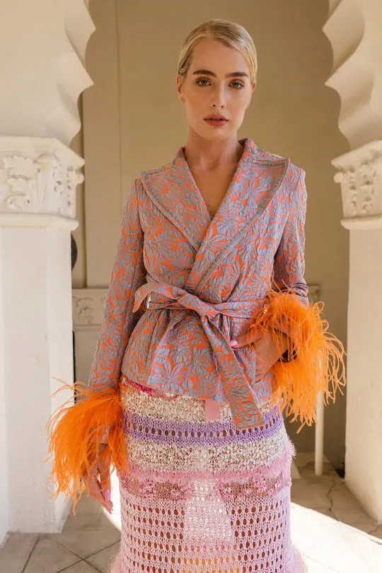 Jacquard Jacket with Detachable Feather Cuffs