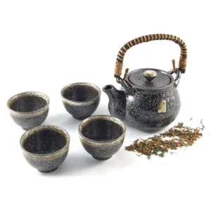 Japanese Stoneware Tea Set With Rustic Handle - Speckle Glaze