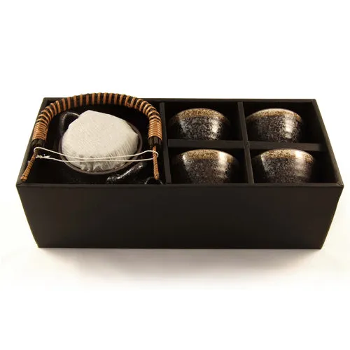 Japanese Stoneware Tea Set With Rustic Handle - Speckle Glaze