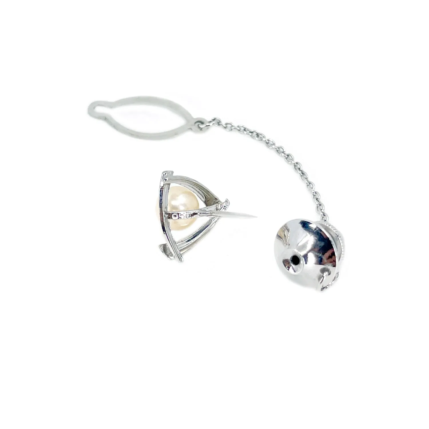 Juno Designer Mid-Century Modern Japanese Saltwater Akoya Cultured Pearl Tie Tac Silk- Sterling Silver