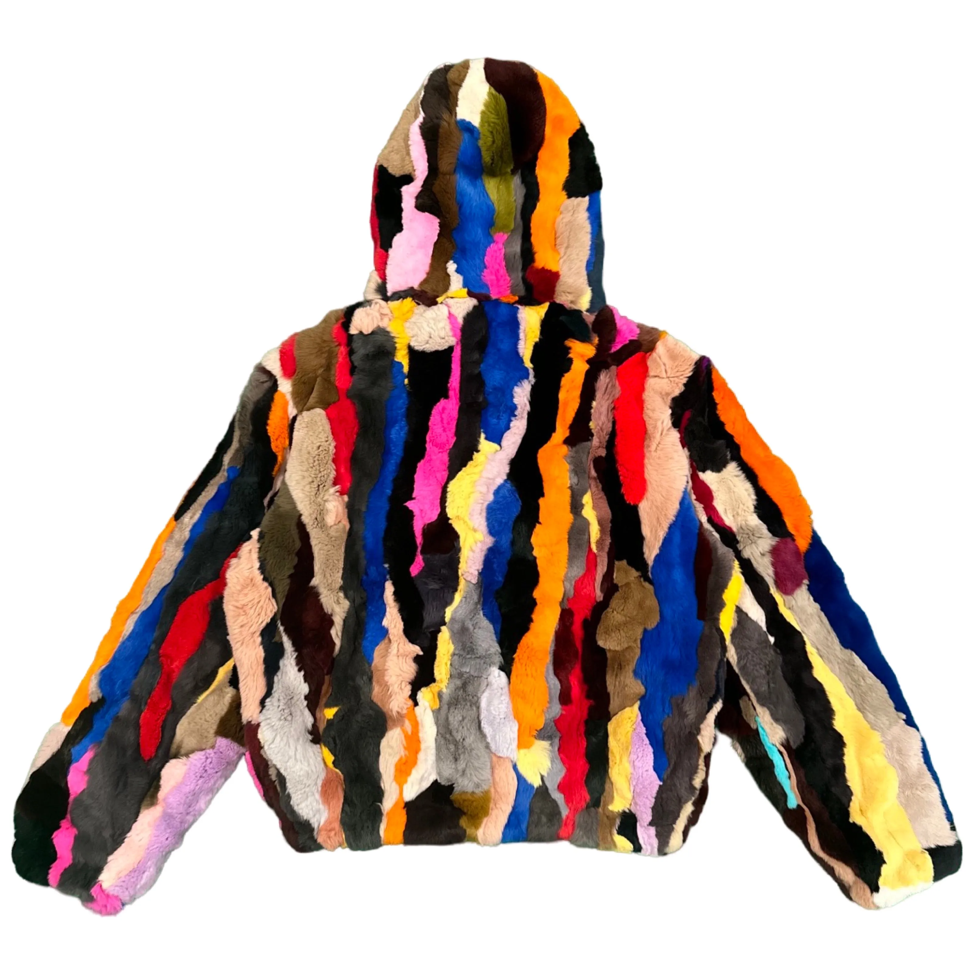 Kashani Women's Multi Color Rabbit Fur Coat w/ Detachable Hood