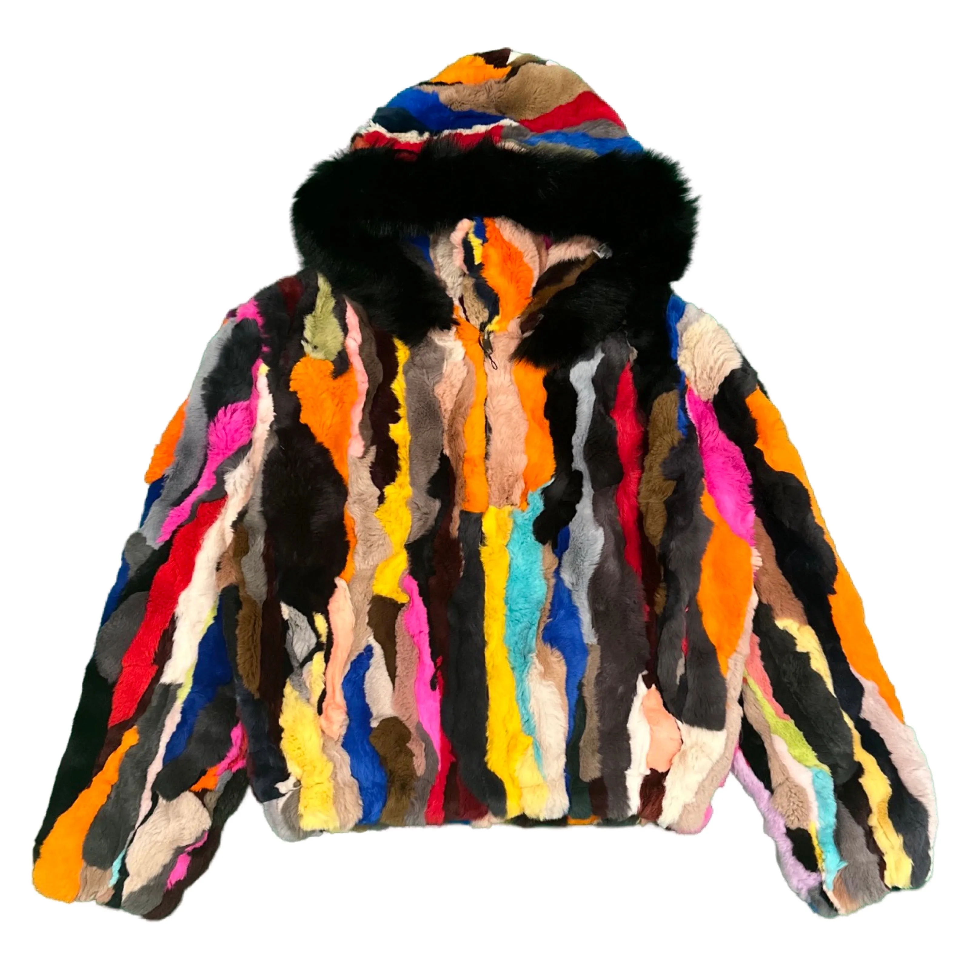 Kashani Women's Multi Color Rabbit Fur Coat w/ Detachable Hood