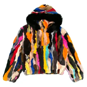 Kashani Women's Multi Color Rabbit Fur Coat w/ Detachable Hood
