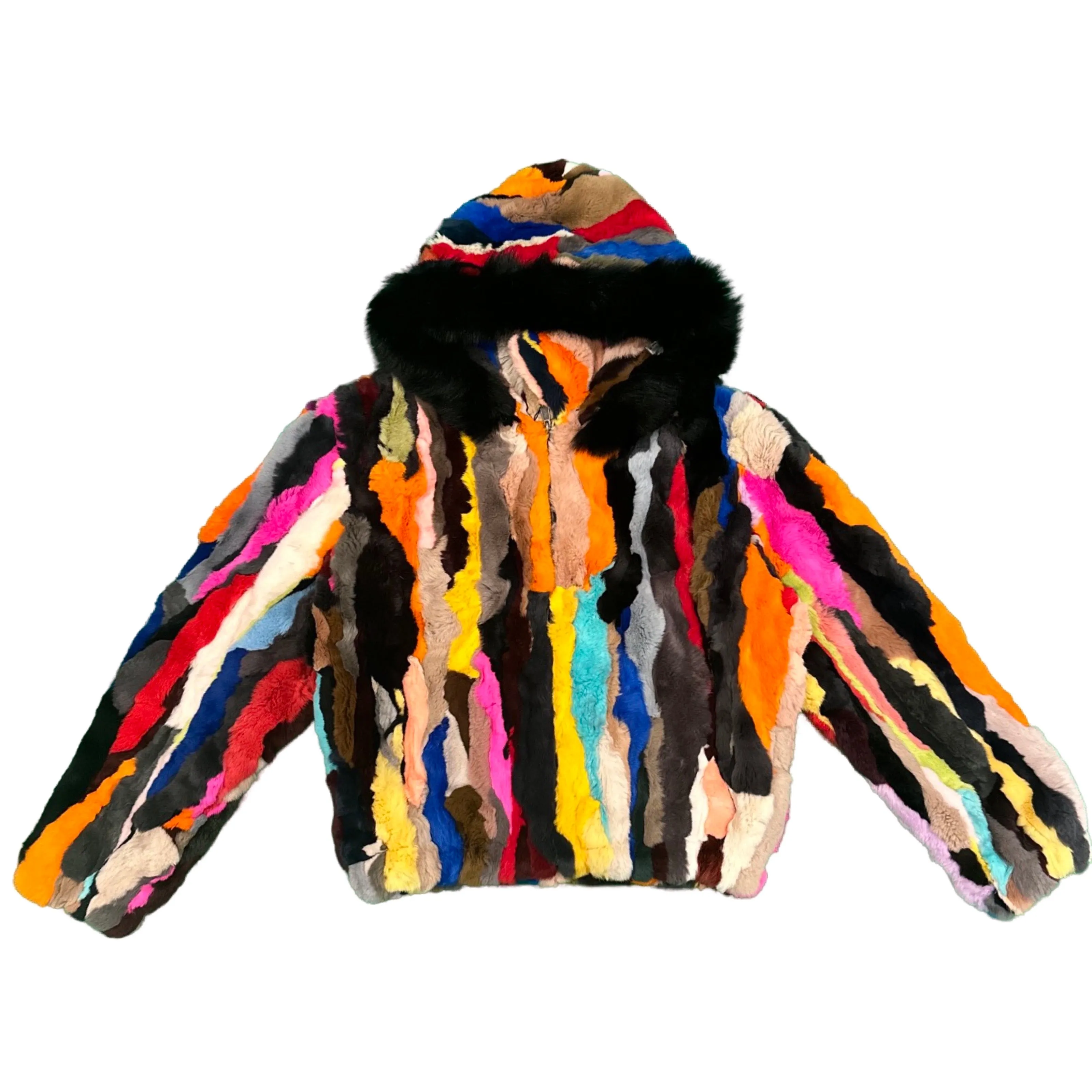 Kashani Women's Multi Color Rabbit Fur Coat w/ Detachable Hood
