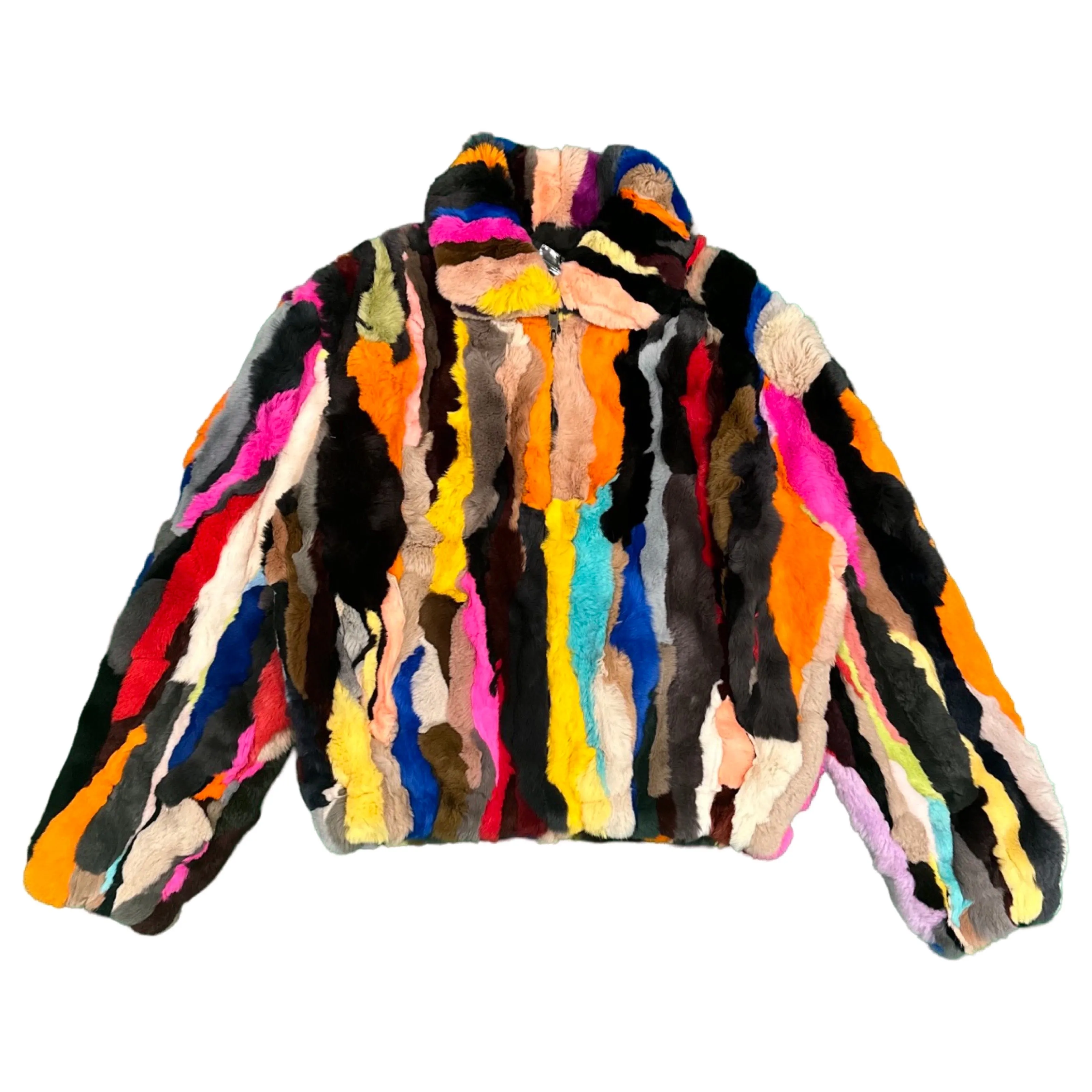 Kashani Women's Multi Color Rabbit Fur Coat w/ Detachable Hood