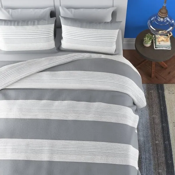 King size 100% Cotton Gray/Taupe Linen Stripe Comforter Set