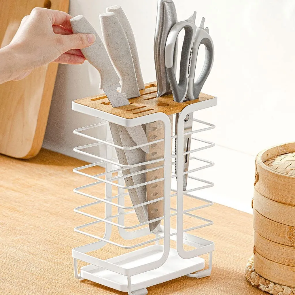 Knife Holder with Bamboo Slot Block - Metal & Bamboo Knife Storage Rack with thoughtful design features
