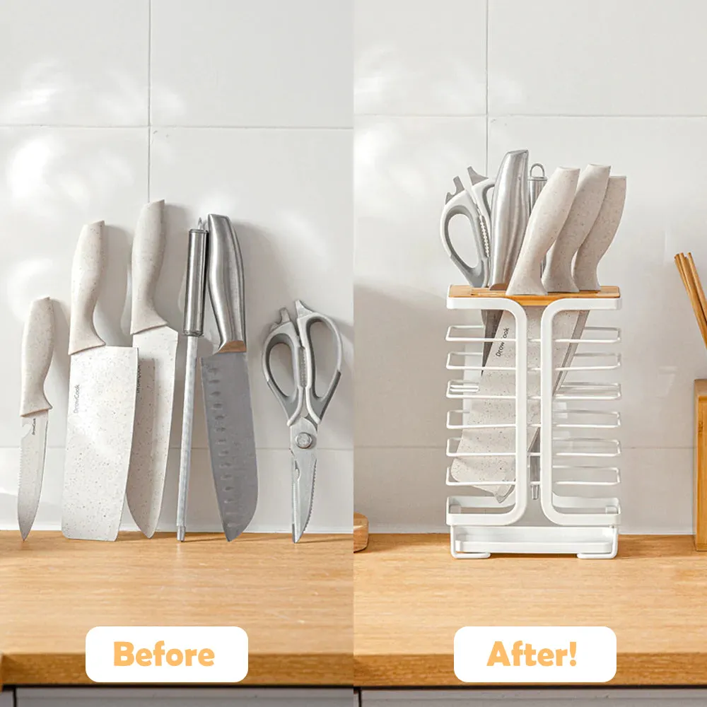 Knife Holder with Bamboo Slot Block - Metal & Bamboo Knife Storage Rack with thoughtful design features