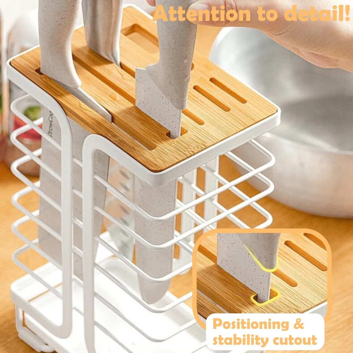 Knife Holder with Bamboo Slot Block - Metal & Bamboo Knife Storage Rack with thoughtful design features