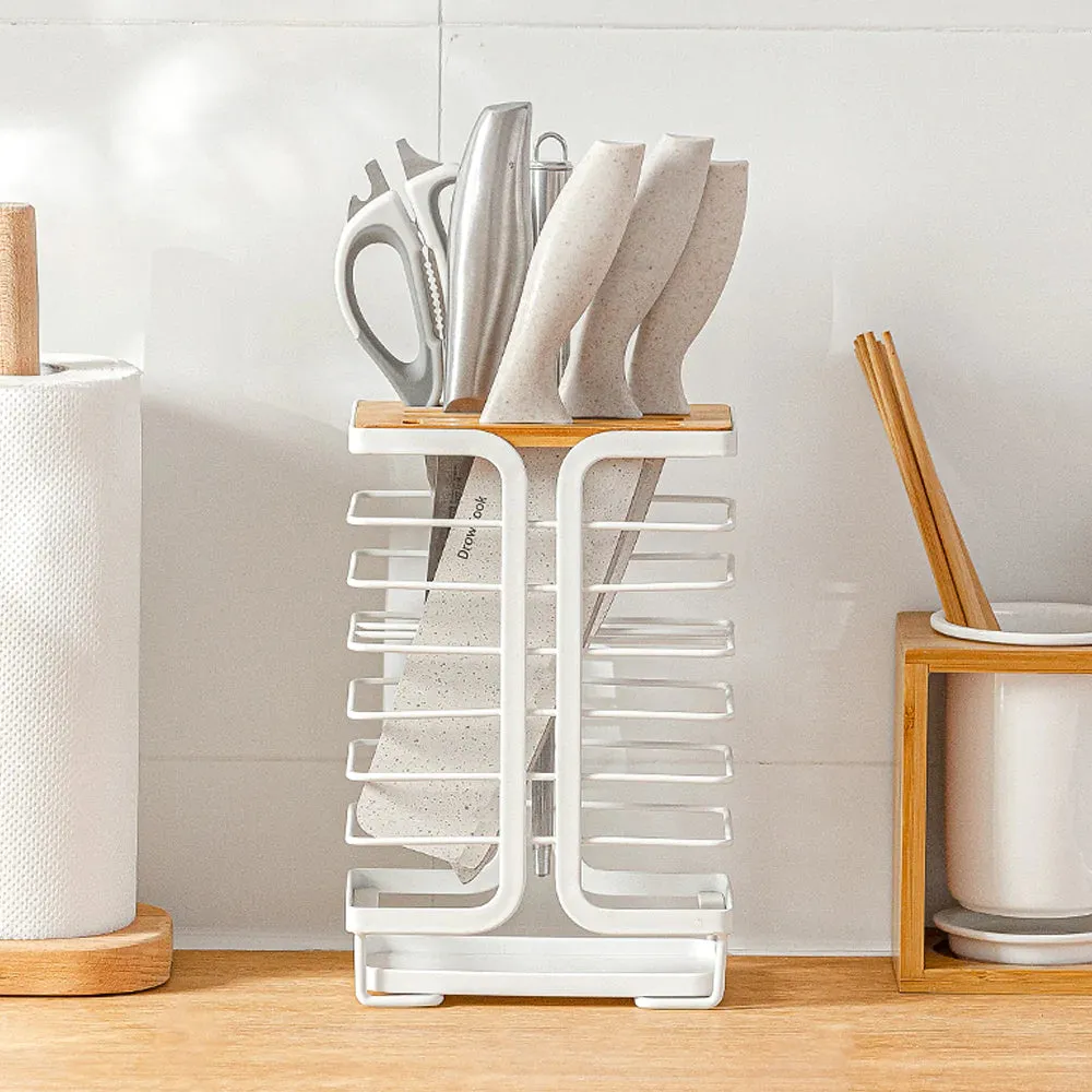 Knife Holder with Bamboo Slot Block - Metal & Bamboo Knife Storage Rack with thoughtful design features