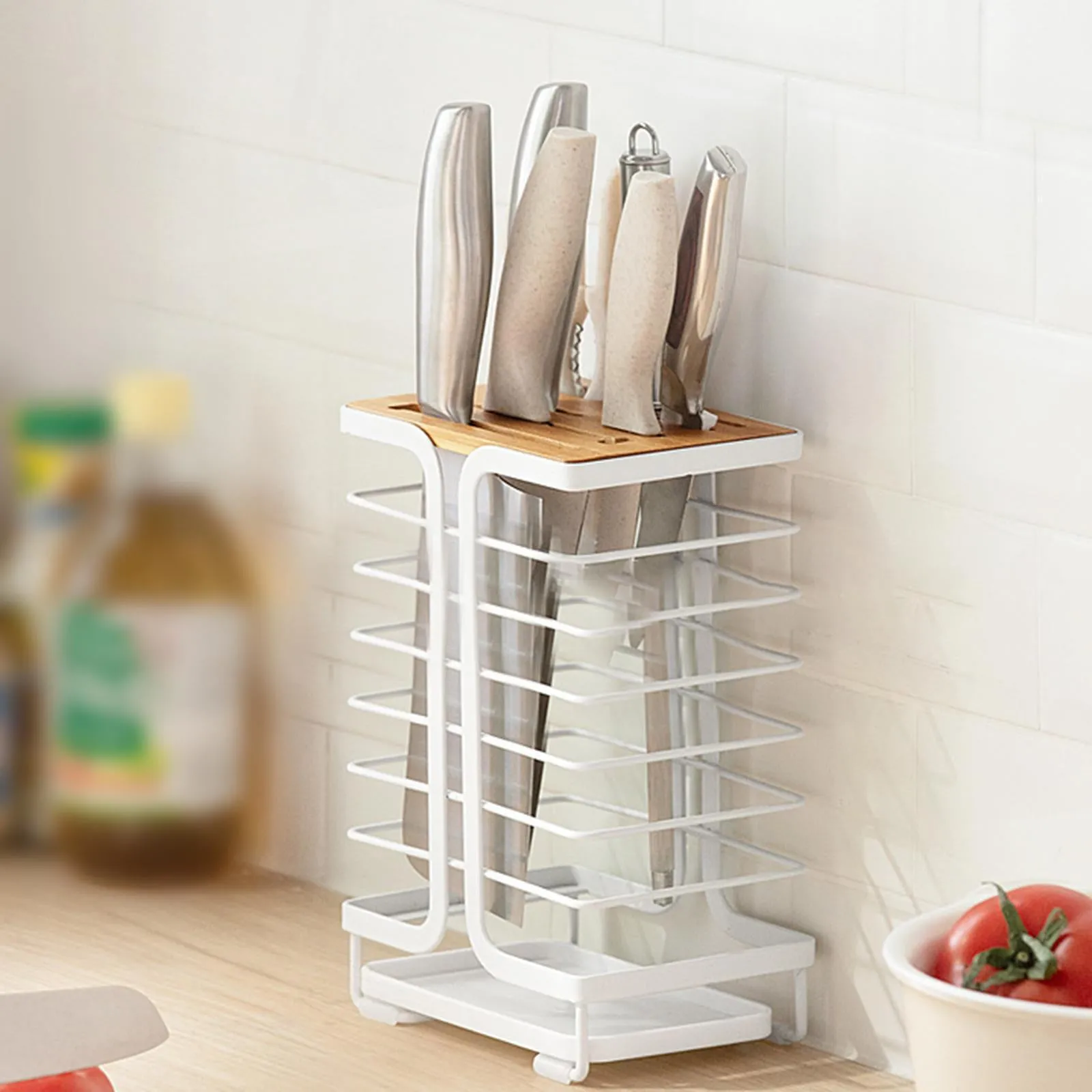Knife Holder with Bamboo Slot Block - Metal & Bamboo Knife Storage Rack with thoughtful design features