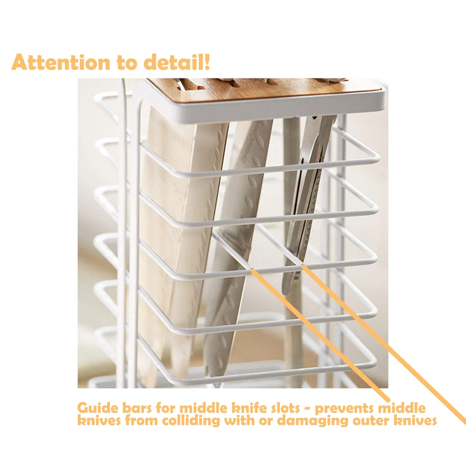 Knife Holder with Bamboo Slot Block - Metal & Bamboo Knife Storage Rack with thoughtful design features