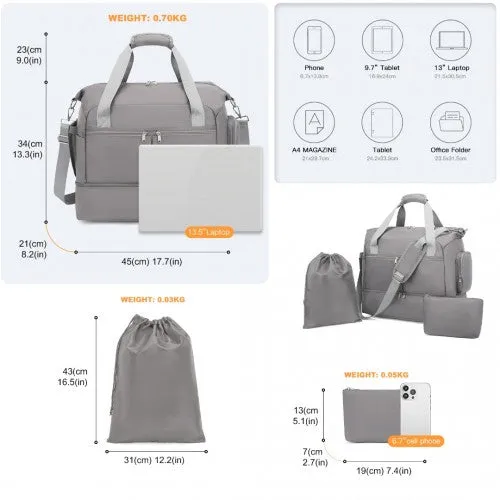 Kono Waterproof Multi-Pocket Travel Duffel Bag Set With Dedicated Shoe Compartment - Grey